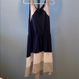 Gray white and blue dress